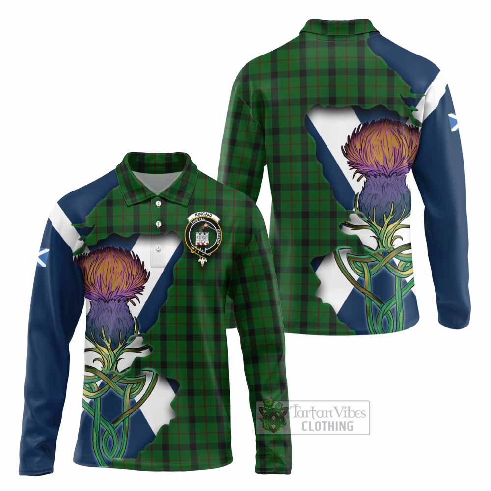 Tartan Vibes Clothing Kincaid Tartan Family Crest Long Sleeve Polo Shirt Scottish Thistle Celtic Inspired