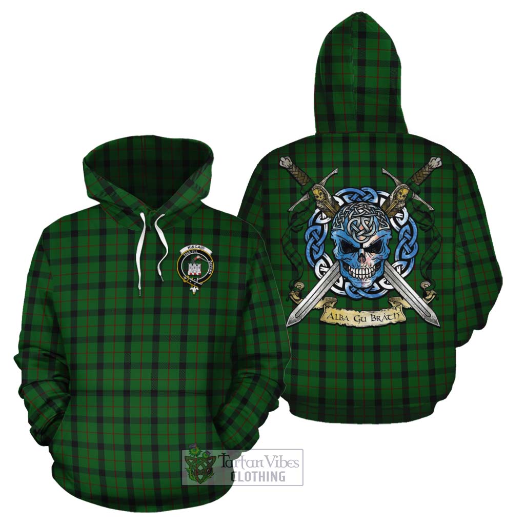 Tartan Vibes Clothing Kincaid Tartan Cotton Hoodie with Family Crest Celtic Skull Style