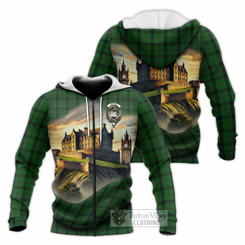 Tartan Vibes Clothing Kincaid Tartan Family Crest Knitted Hoodie with Scottish Ancient Castle Style