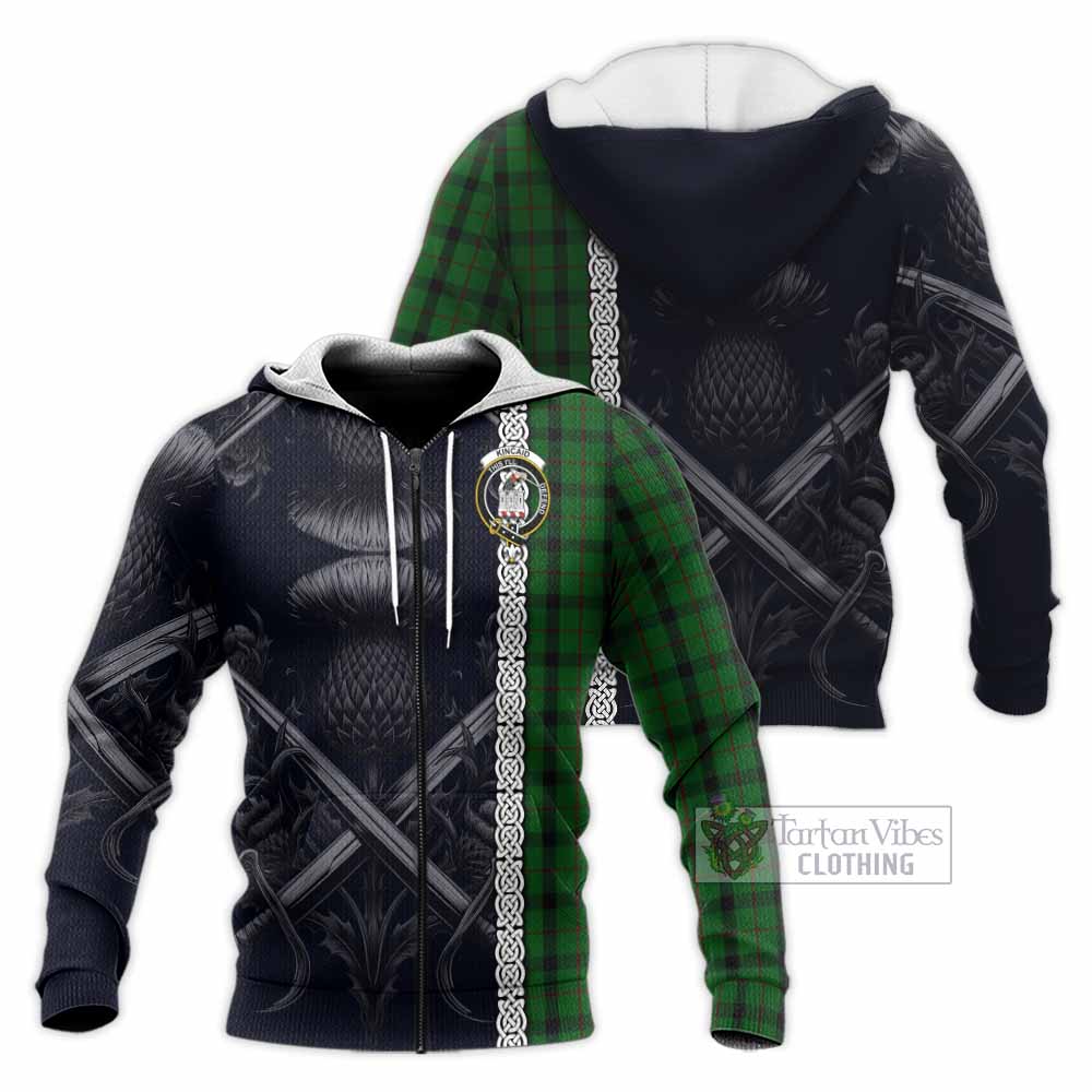 Tartan Vibes Clothing Kincaid Tartan Knitted Hoodie with Family Crest Cross Sword Thistle Celtic Vibes