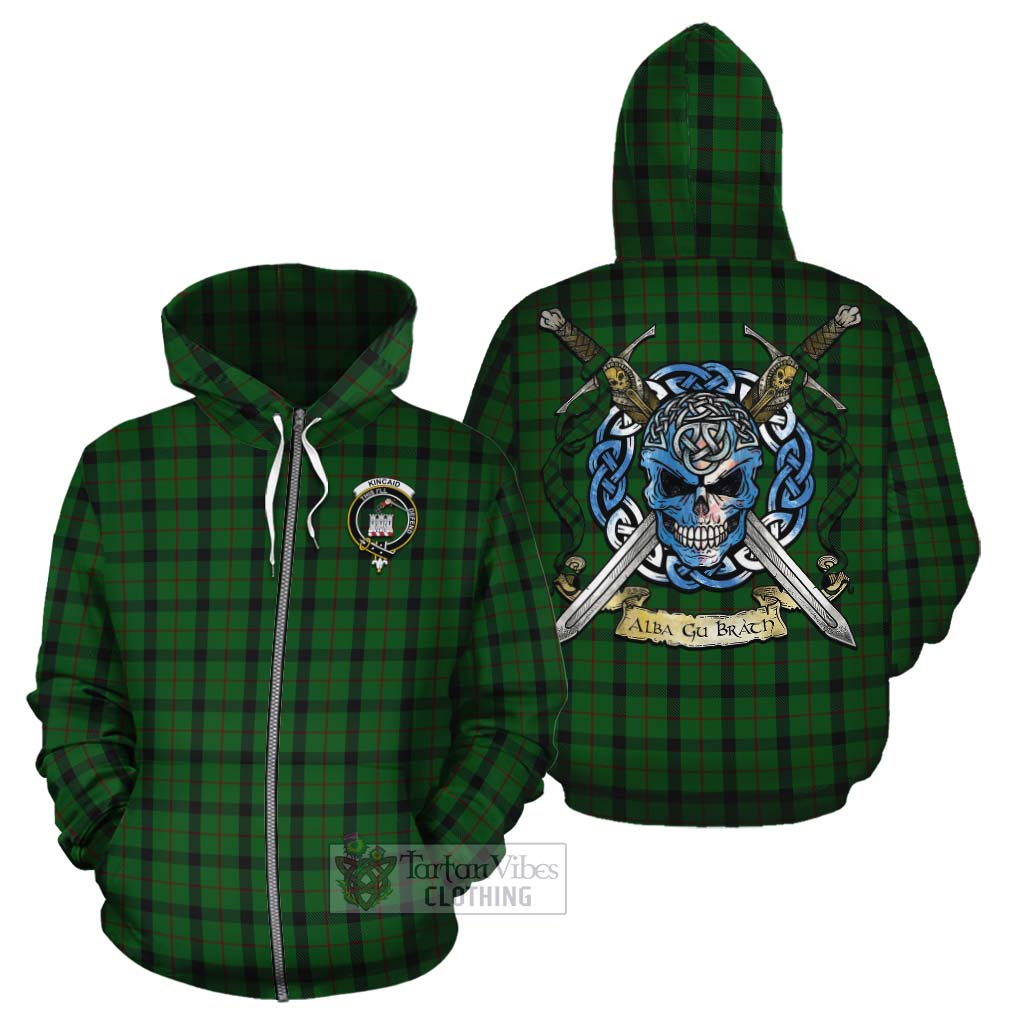 Tartan Vibes Clothing Kincaid Tartan Cotton Hoodie with Family Crest Celtic Skull Style