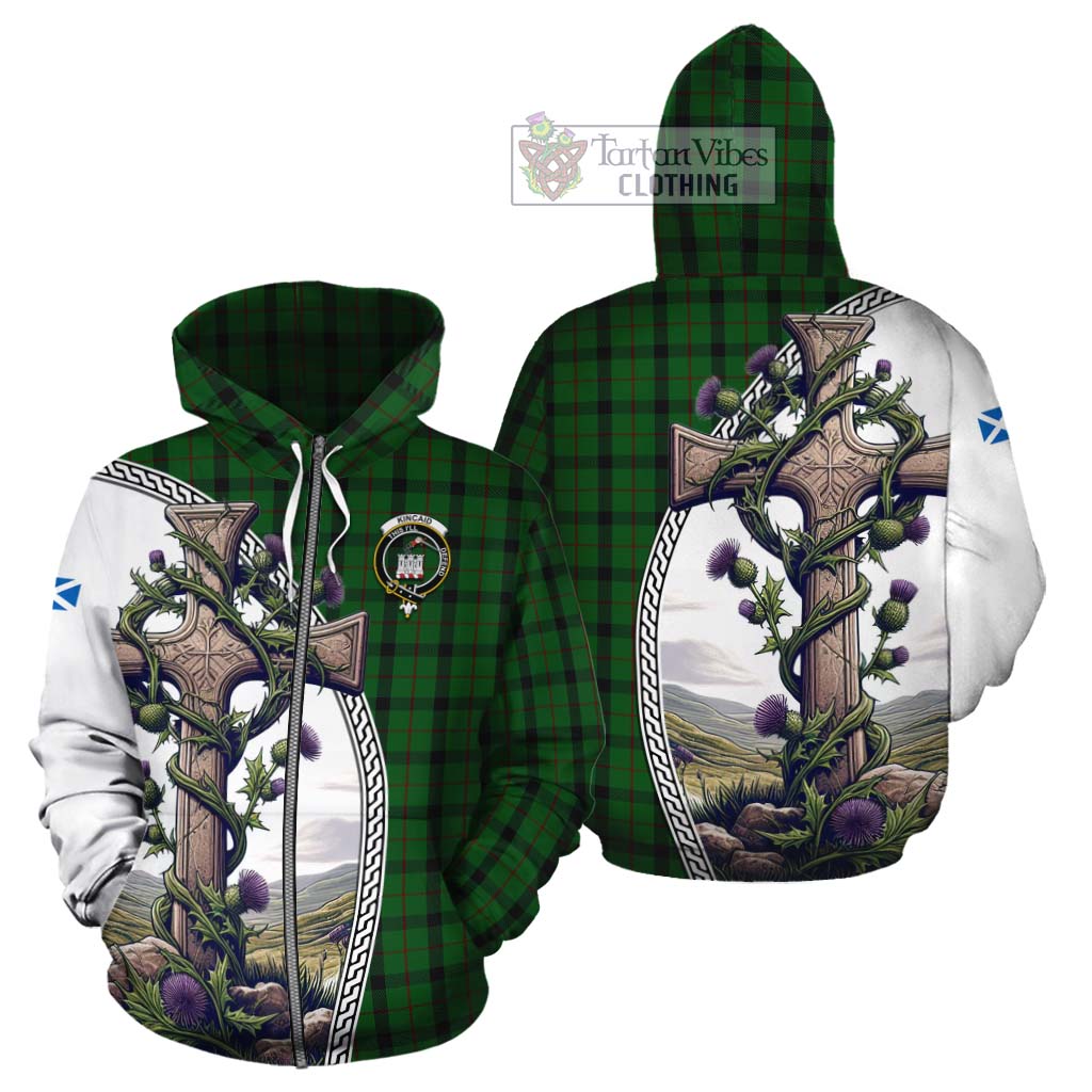 Tartan Vibes Clothing Kincaid Tartan Cotton Hoodie with Family Crest and St. Andrew's Cross Accented by Thistle Vines