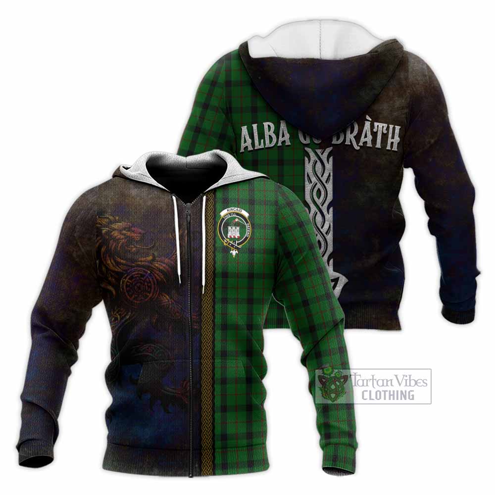 Tartan Vibes Clothing Kincaid Tartan Family Crest Knitted Hoodie Alba Gu Brath Be Brave Lion Ancient Style