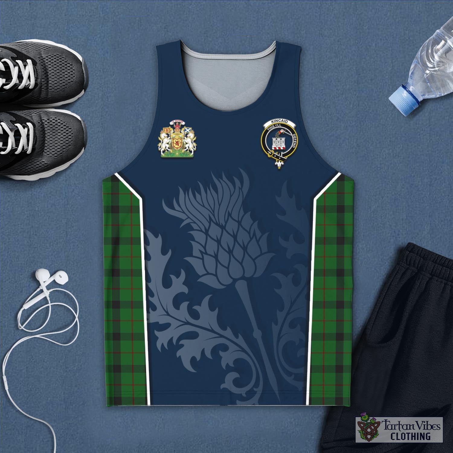 Tartan Vibes Clothing Kincaid Tartan Men's Tanks Top with Family Crest and Scottish Thistle Vibes Sport Style