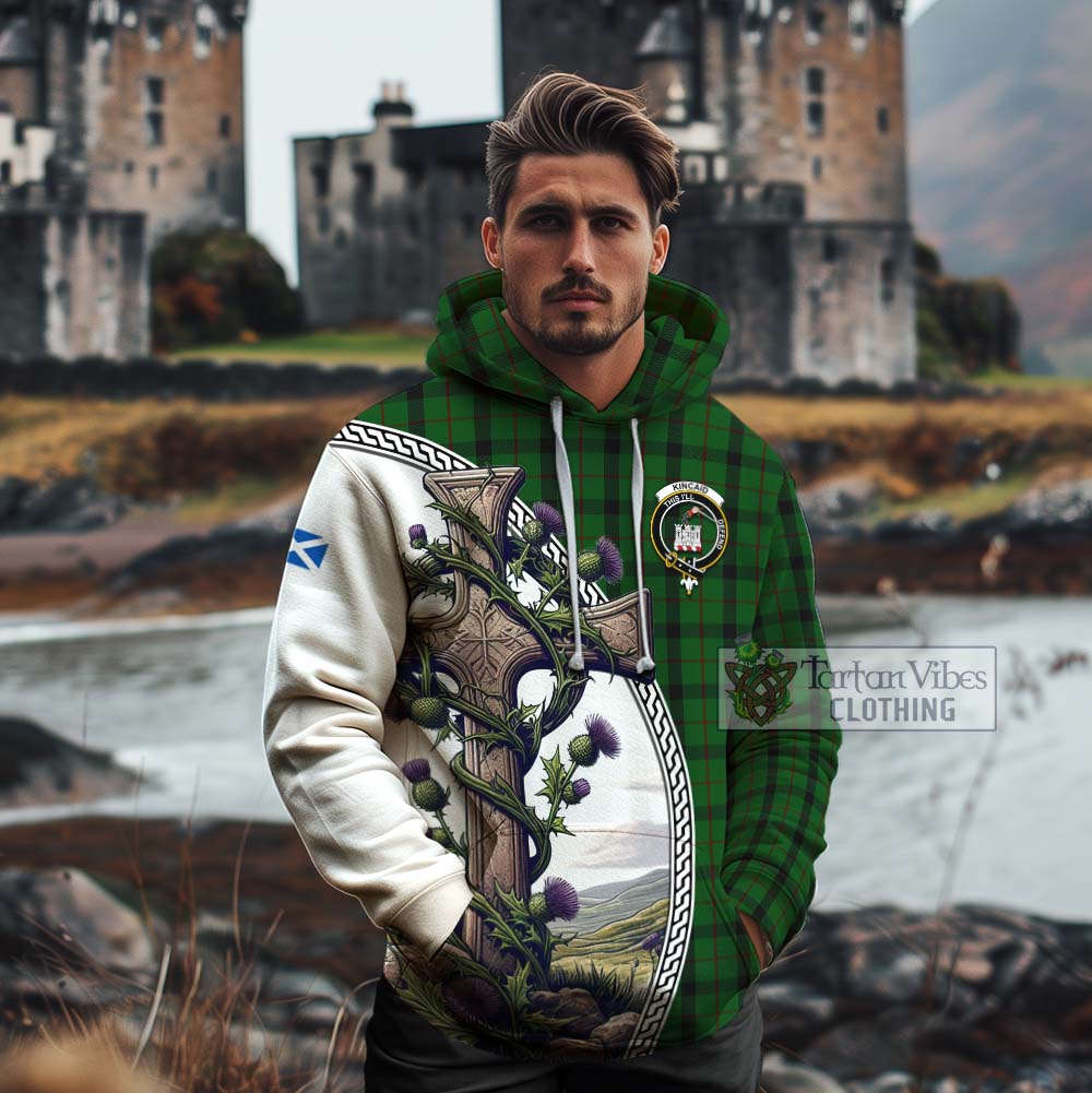 Tartan Vibes Clothing Kincaid Tartan Cotton Hoodie with Family Crest and St. Andrew's Cross Accented by Thistle Vines