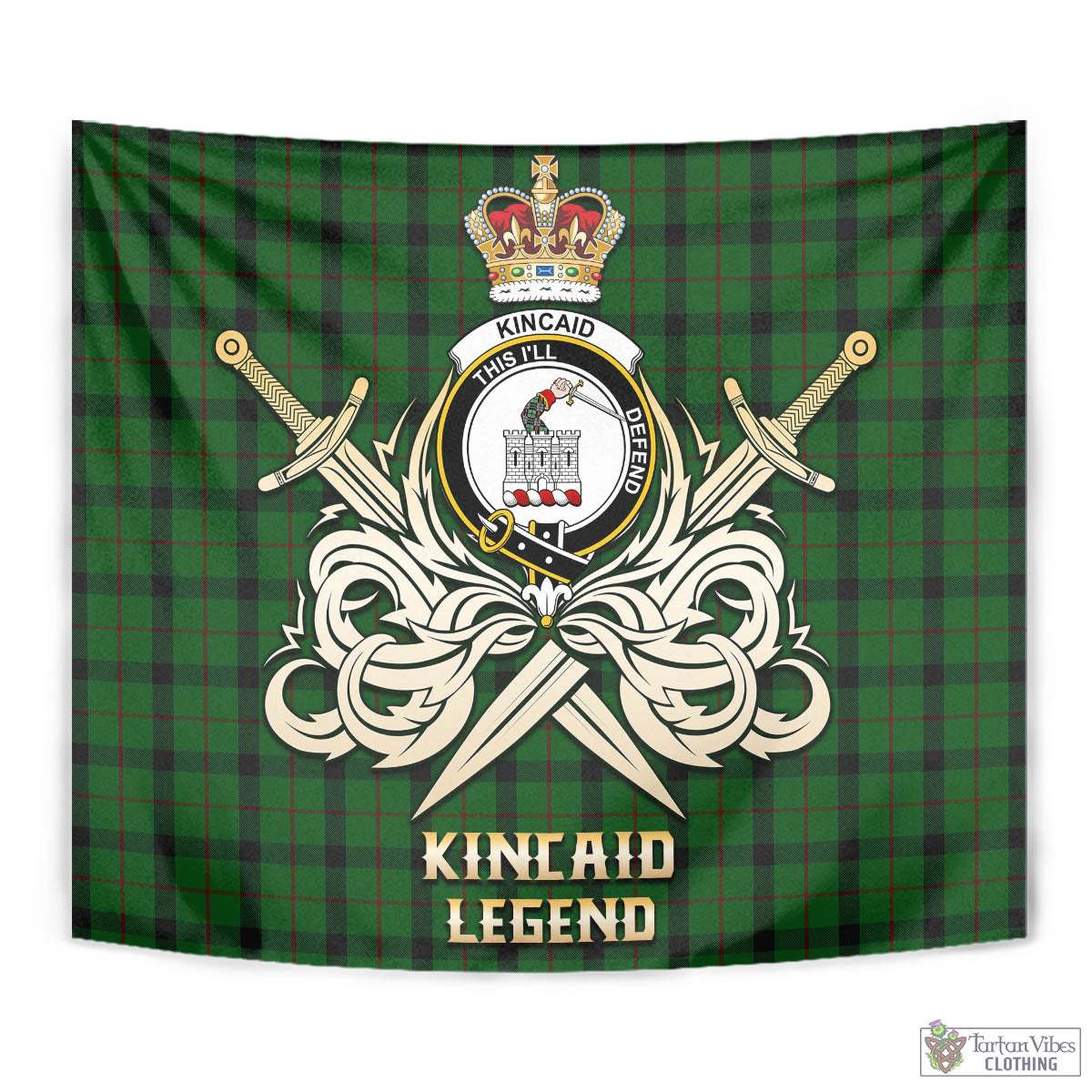 Tartan Vibes Clothing Kincaid Tartan Tapestry with Clan Crest and the Golden Sword of Courageous Legacy