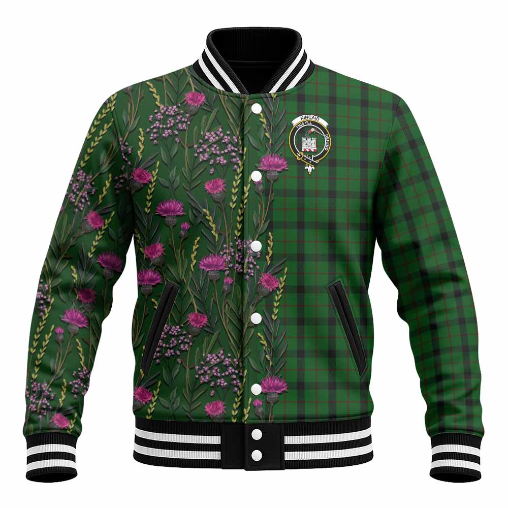 Kincaid Family Crest Tartan Baseball Jacket Scottish Thistle Flower Pattern Half Style - Tartan Vibes Clothing