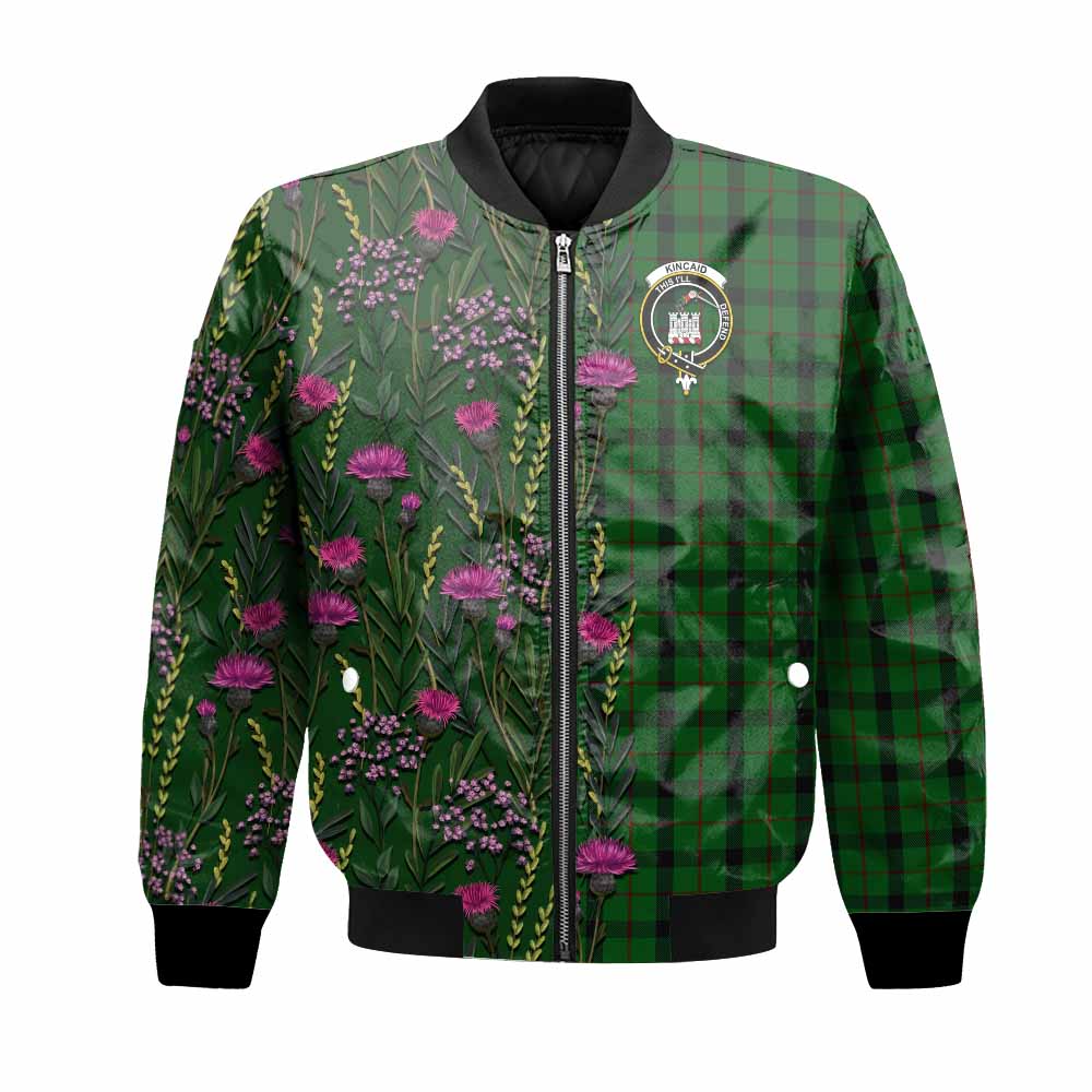 Kincaid Family Crest Tartan Bomber Jacket Scottish Thistle Flower Pattern Half Style - Tartan Vibes Clothing
