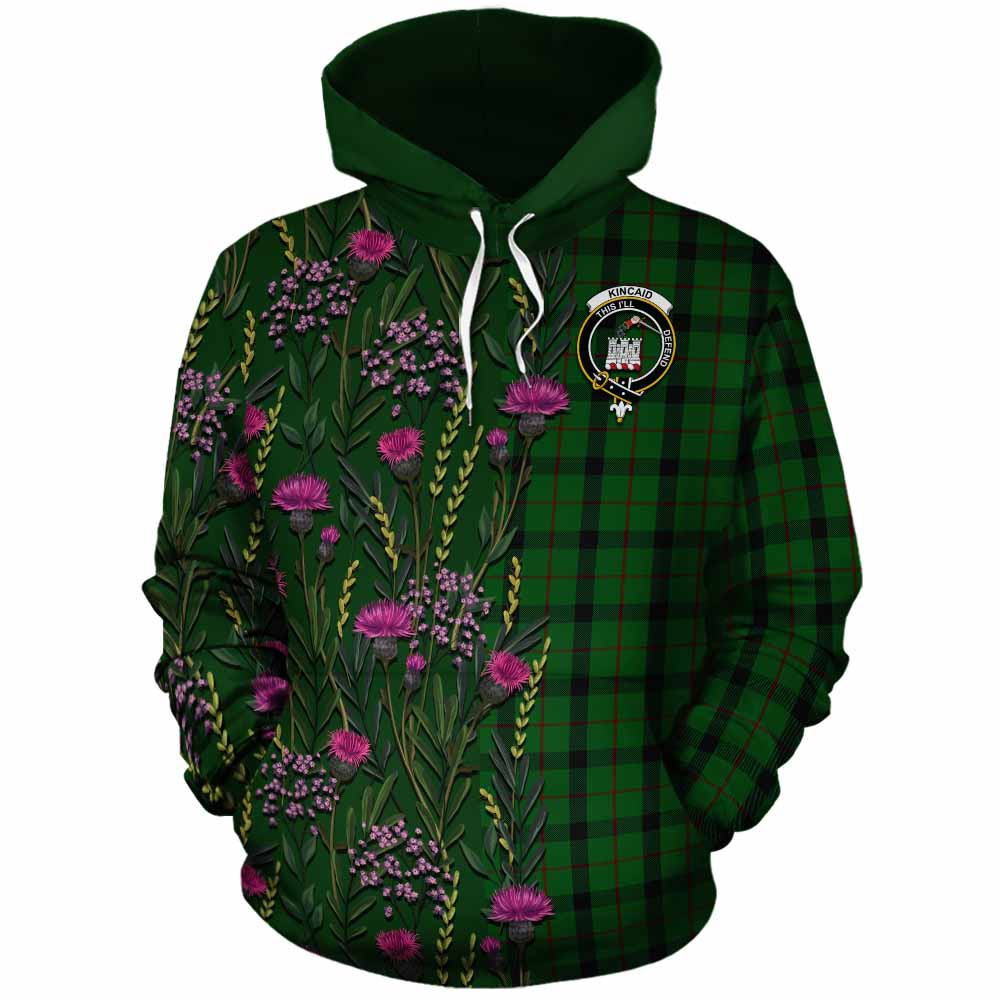 Kincaid Family Crest Tartan Cotton Hoodie Scottish Thistle Flower Pattern Half Style - Tartan Vibes Clothing