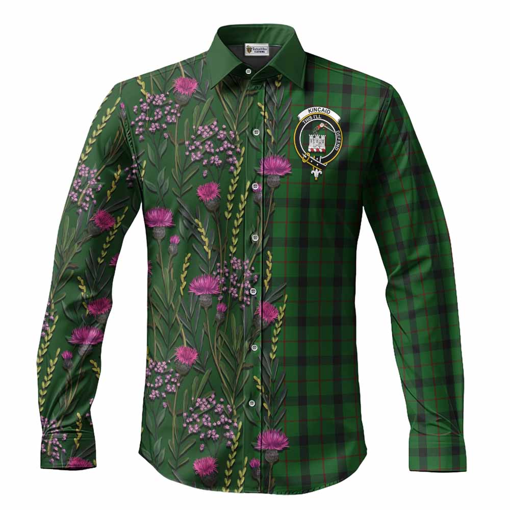 Kincaid Family Crest Tartan Long Sleeve Button Shirts Scottish Thistle Flower Pattern Half Style - Tartan Vibes Clothing