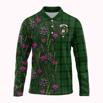 Kincaid Family Crest Tartan Long Sleeve Polo Shirt Scottish Thistle Flower Pattern Half Style