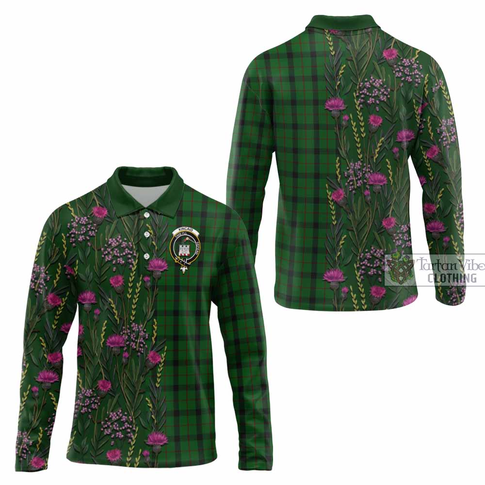 Kincaid Family Crest Tartan Long Sleeve Polo Shirt Scottish Thistle Flower Pattern Half Style - Tartan Vibes Clothing