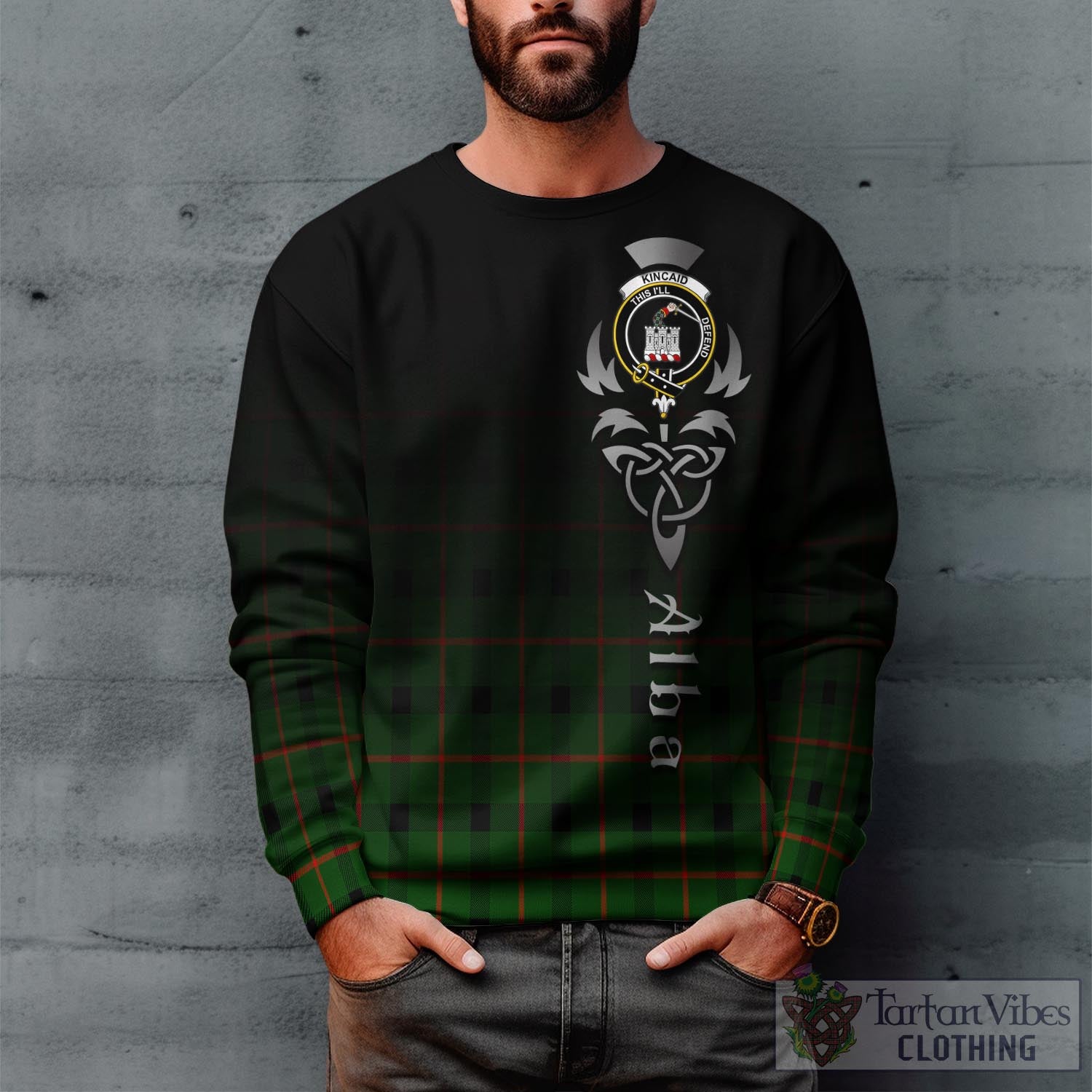 Tartan Vibes Clothing Kincaid Modern Tartan Sweatshirt Featuring Alba Gu Brath Family Crest Celtic Inspired