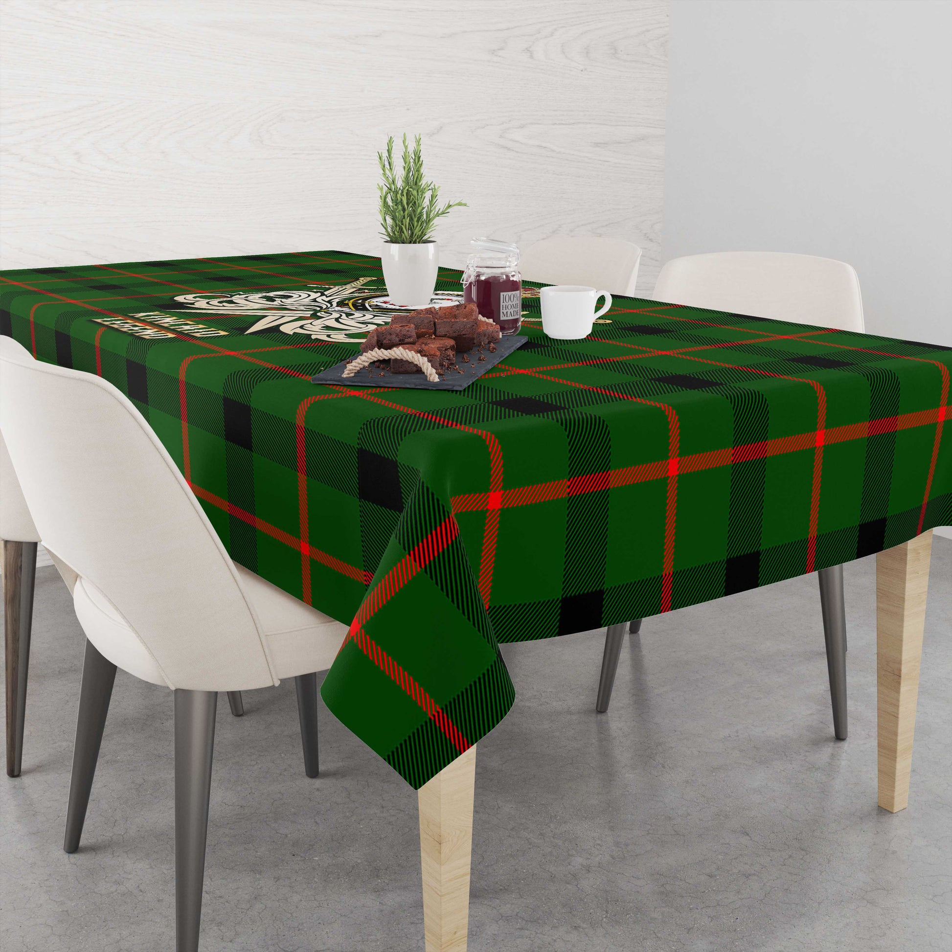 Tartan Vibes Clothing Kincaid Modern Tartan Tablecloth with Clan Crest and the Golden Sword of Courageous Legacy
