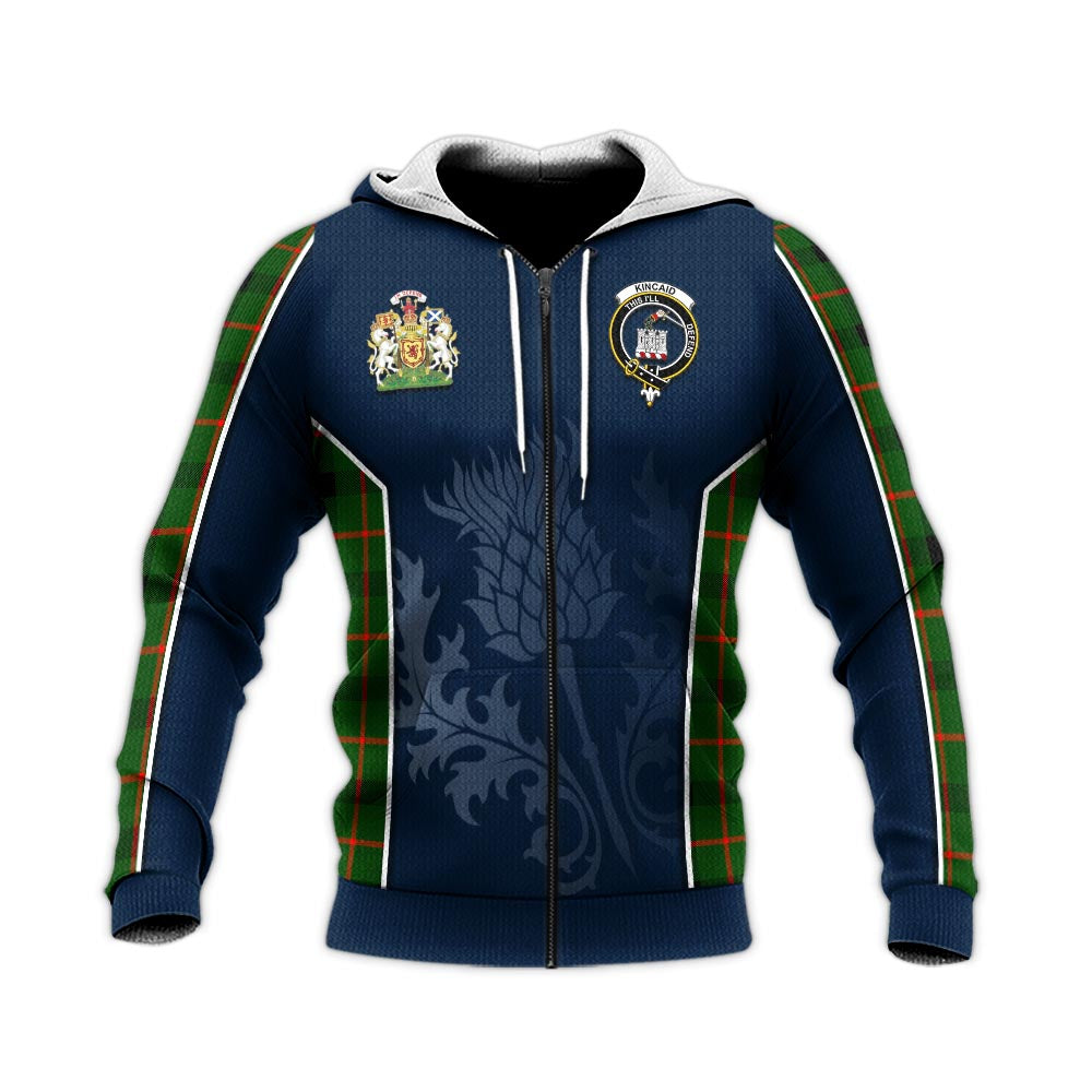 Tartan Vibes Clothing Kincaid Modern Tartan Knitted Hoodie with Family Crest and Scottish Thistle Vibes Sport Style