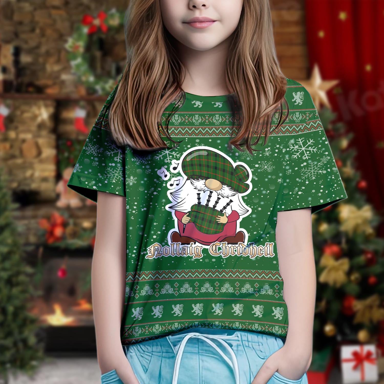 Kincaid Modern Clan Christmas Family T-Shirt with Funny Gnome Playing Bagpipes Kid's Shirt Green - Tartanvibesclothing