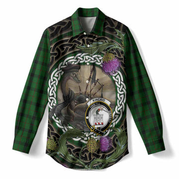 Kincaid Tartan Crest Bagpipe Nessie Women Casual Shirt Scottish Loch Ness Monster Celtic Thistle