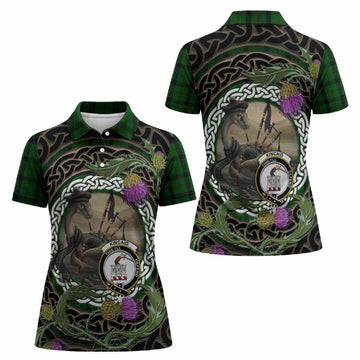Kincaid Tartan Crest Bagpipe Nessie Women Polo Shirt Scottish Loch Ness Monster Celtic Thistle