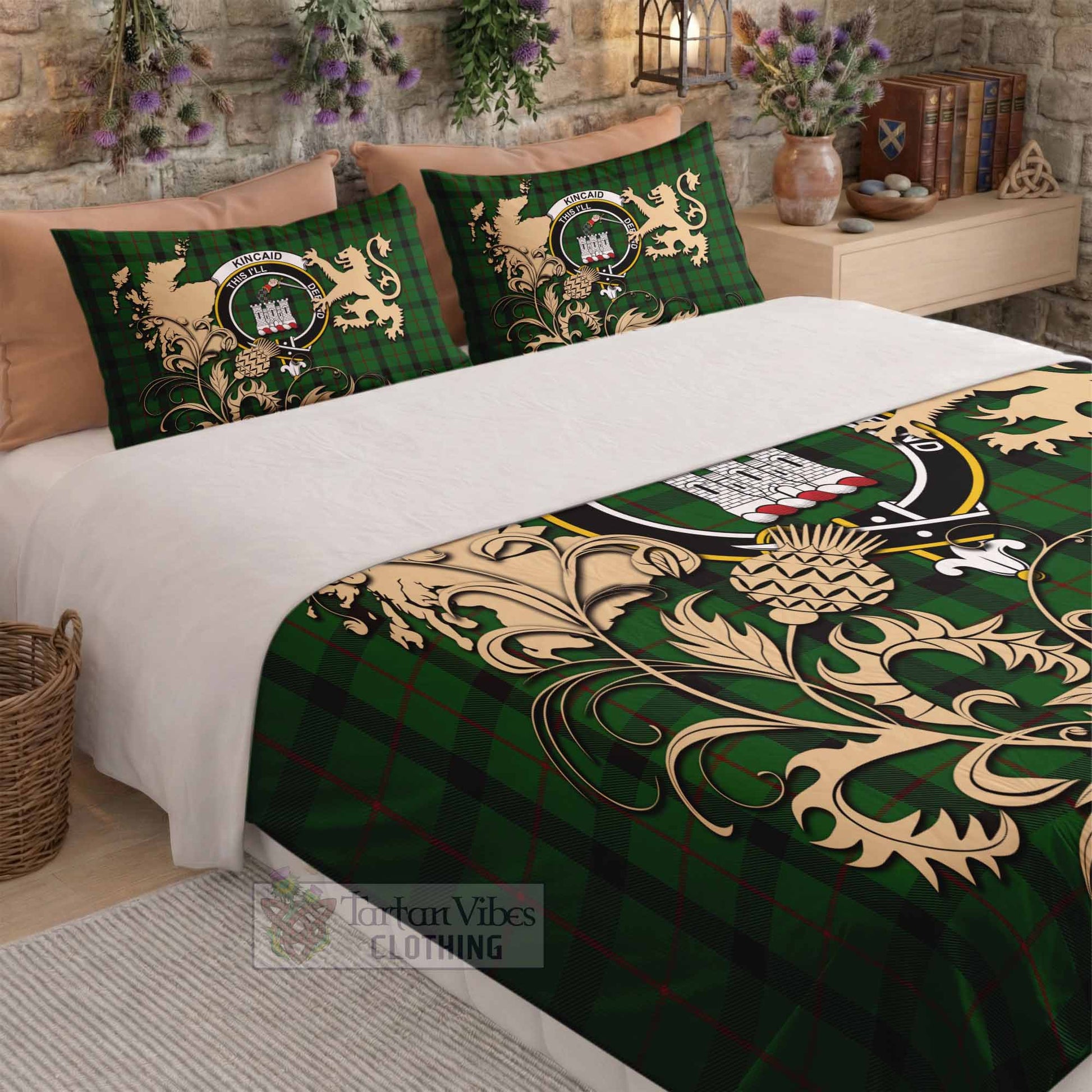 Kincaid Tartan Crest Bedding Set with Scottish Iconic Symbols 
