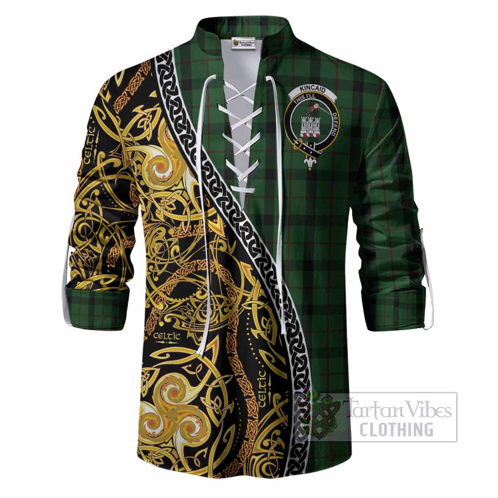 Kincaid Tartan Crest Ghillie Shirt Celtic Knot and Triple Trickle Spiral Symbols