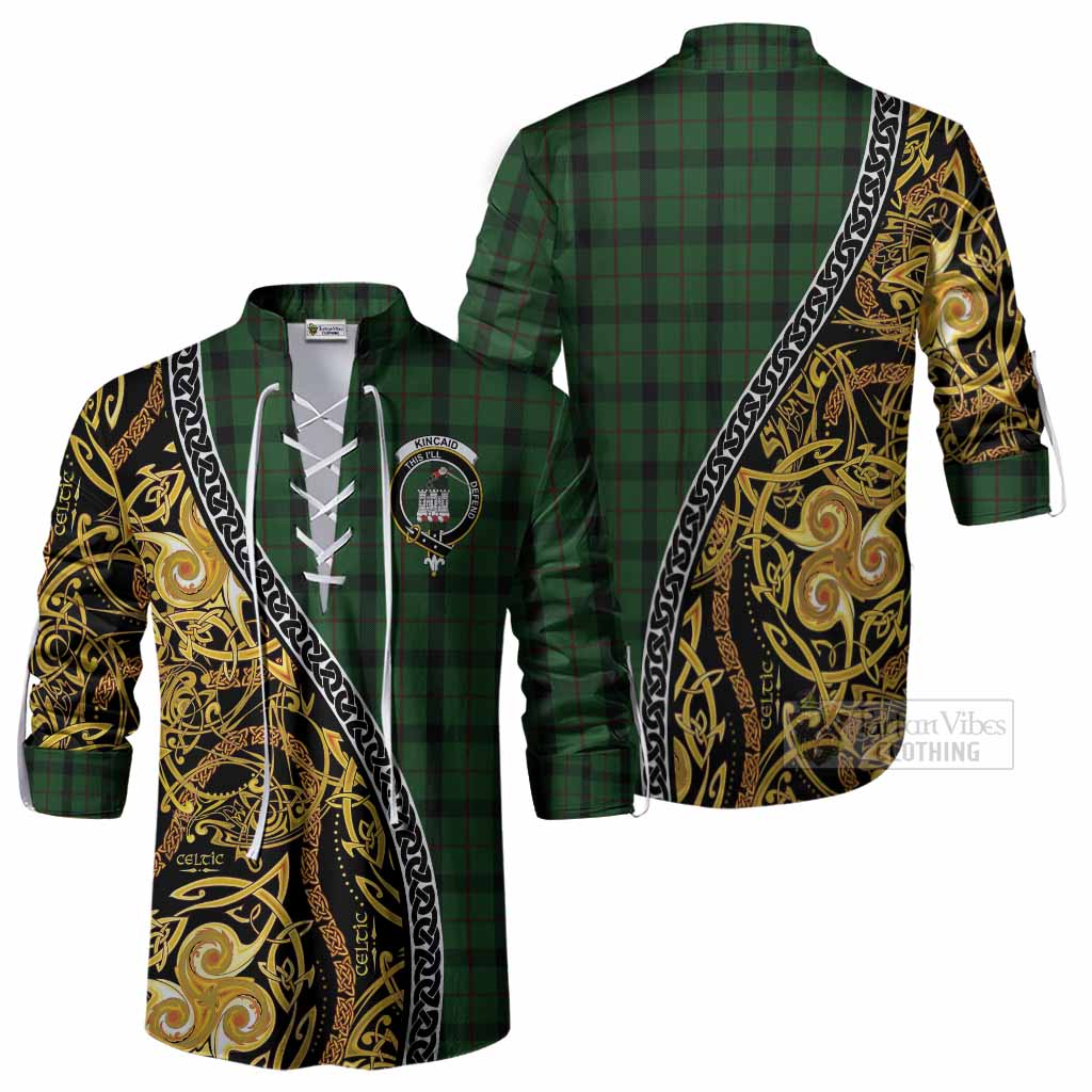 Kincaid Tartan Crest Ghillie Shirt Celtic Knot and Triple Trickle Spiral Symbols