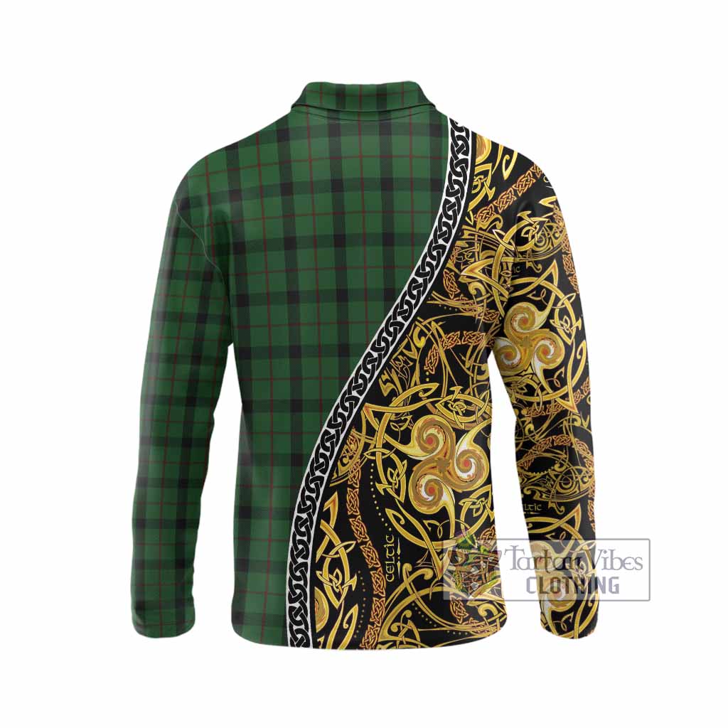 Kincaid Tartan Crest Long Sleeve Polo Shirt Celtic Knot and Triple Trickle Spiral Symbols