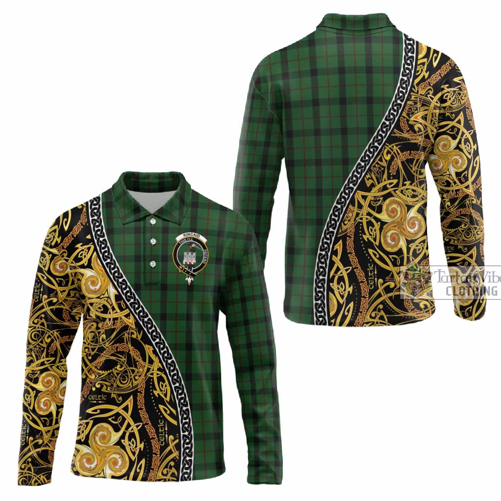 Kincaid Tartan Crest Long Sleeve Polo Shirt Celtic Knot and Triple Trickle Spiral Symbols