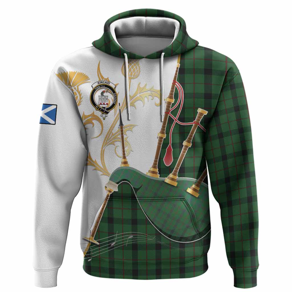 Kincaid Tartan Family Crest Hoodie Bagpipes with Scottish Thistle