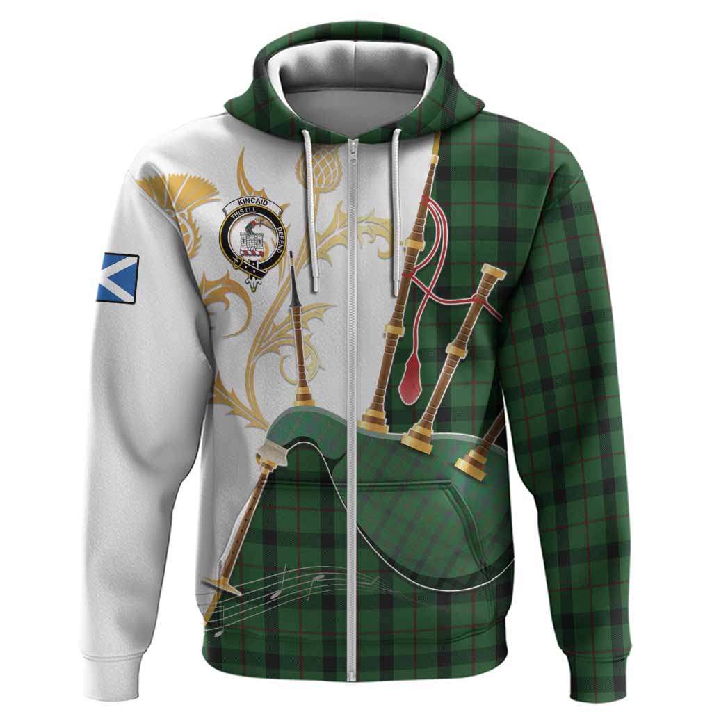 Kincaid Tartan Family Crest Hoodie Bagpipes with Scottish Thistle