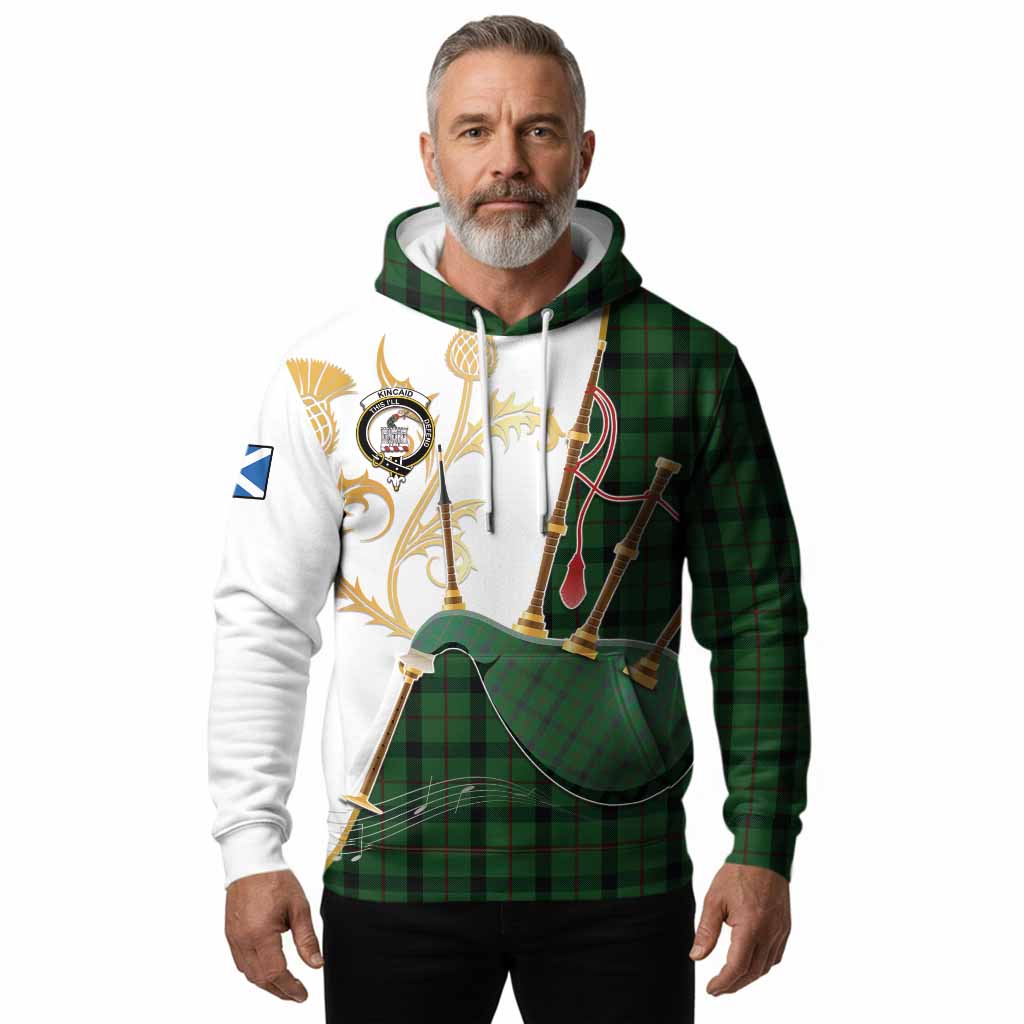 Kincaid Tartan Family Crest Hoodie Bagpipes with Scottish Thistle