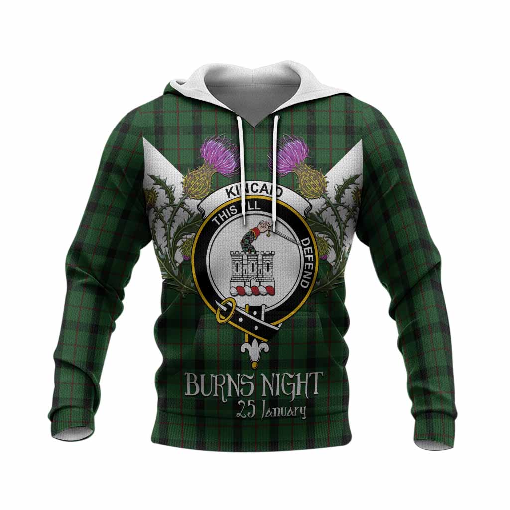 Kincaid Tartan Family Crest Knitted Hoodie Scottish Burns Night Thistle Floral