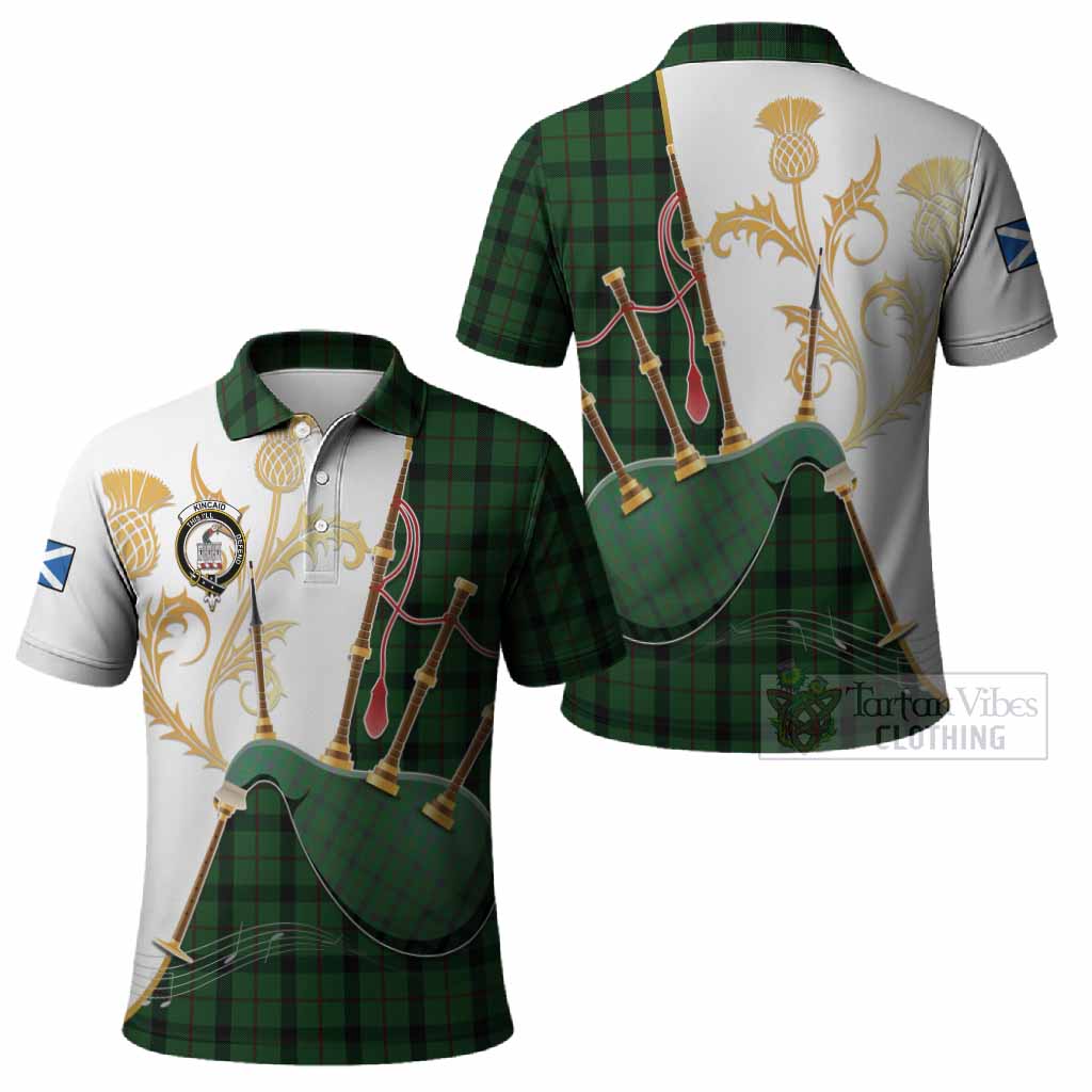 Kincaid Tartan Family Crest Polo Shirt Bagpipes with Scottish Thistle
