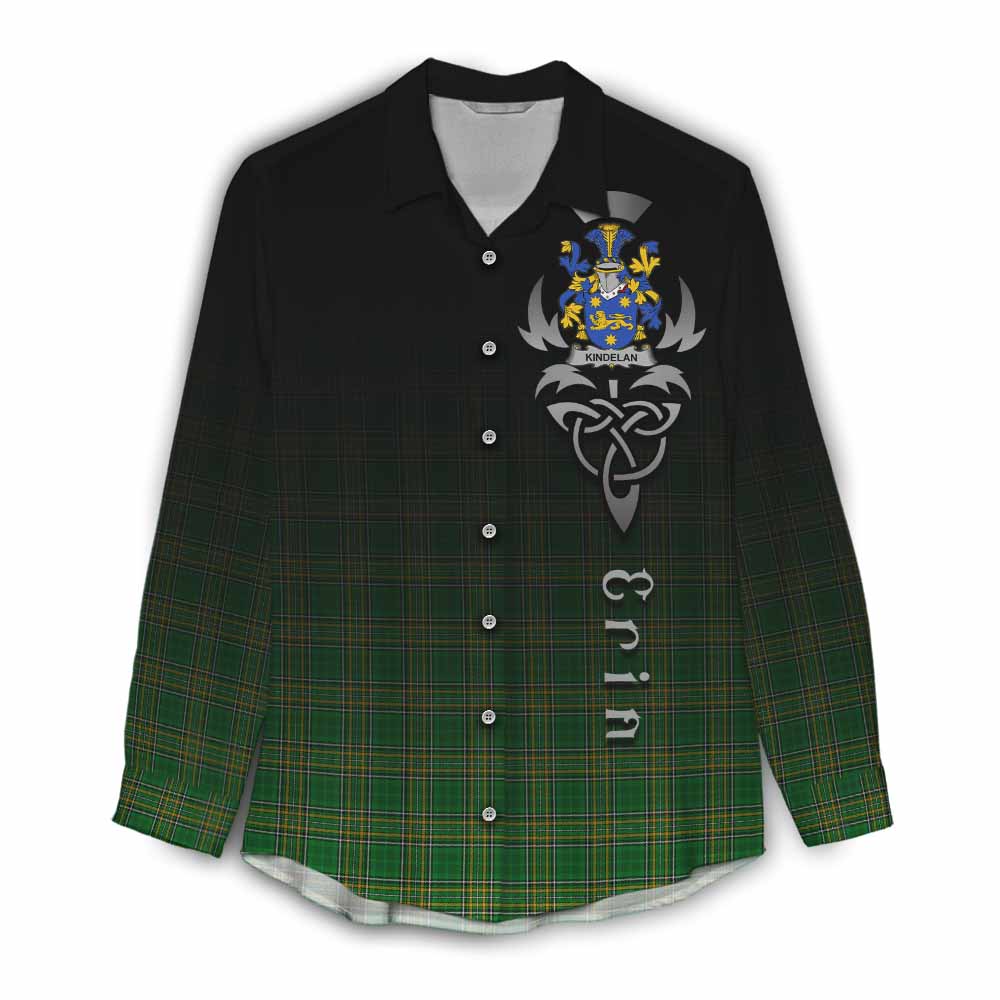 Tartan Vibes Clothing Kindelan Irish Clan Women's Casual Shirt with Coat of Arms Erin Go Bragh Celtic Inspired