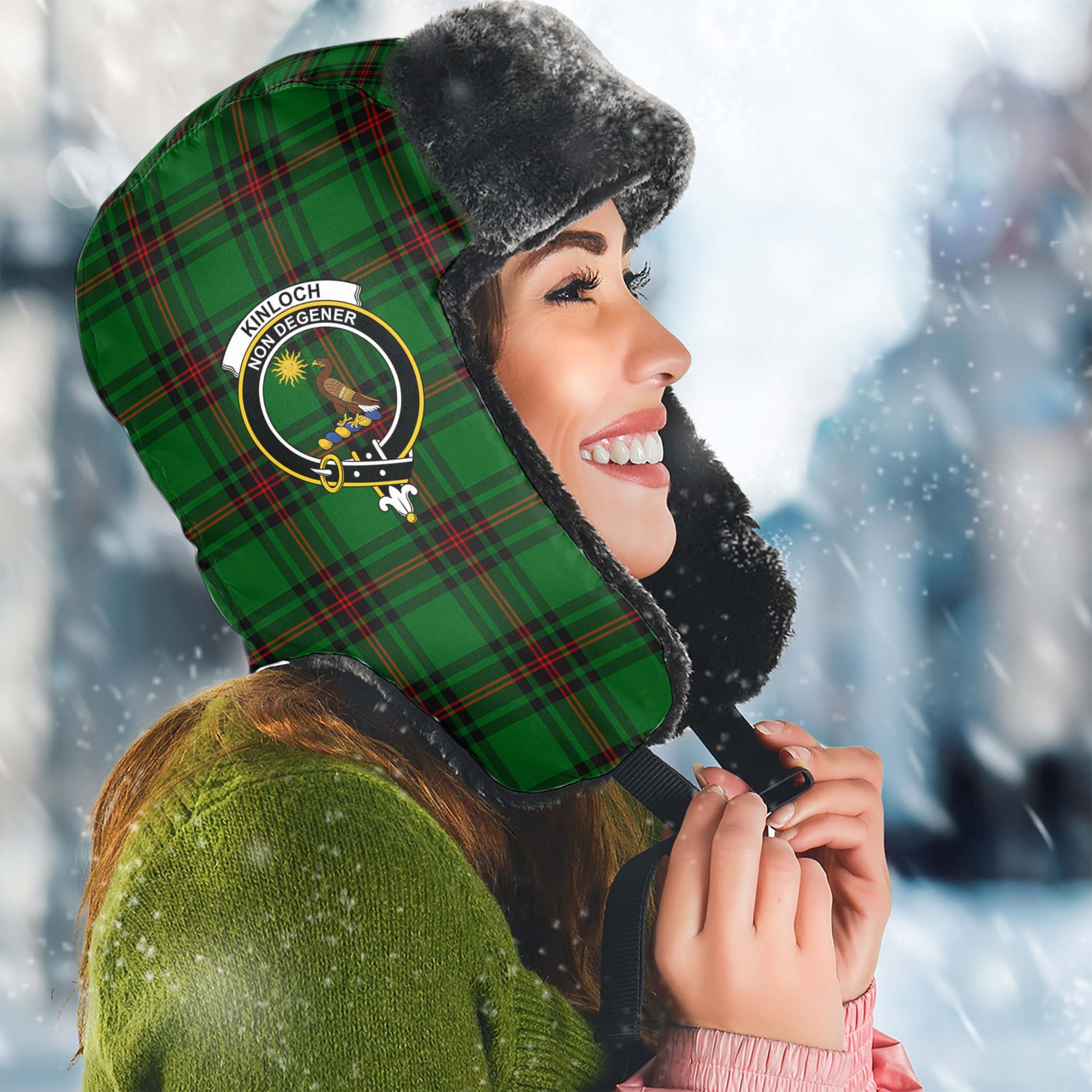 Kinloch Tartan Winter Trapper Hat with Family Crest Winter Trapper Hat Universal Fit Circumference 22.8in (58cm) - Tartan Vibes Clothing