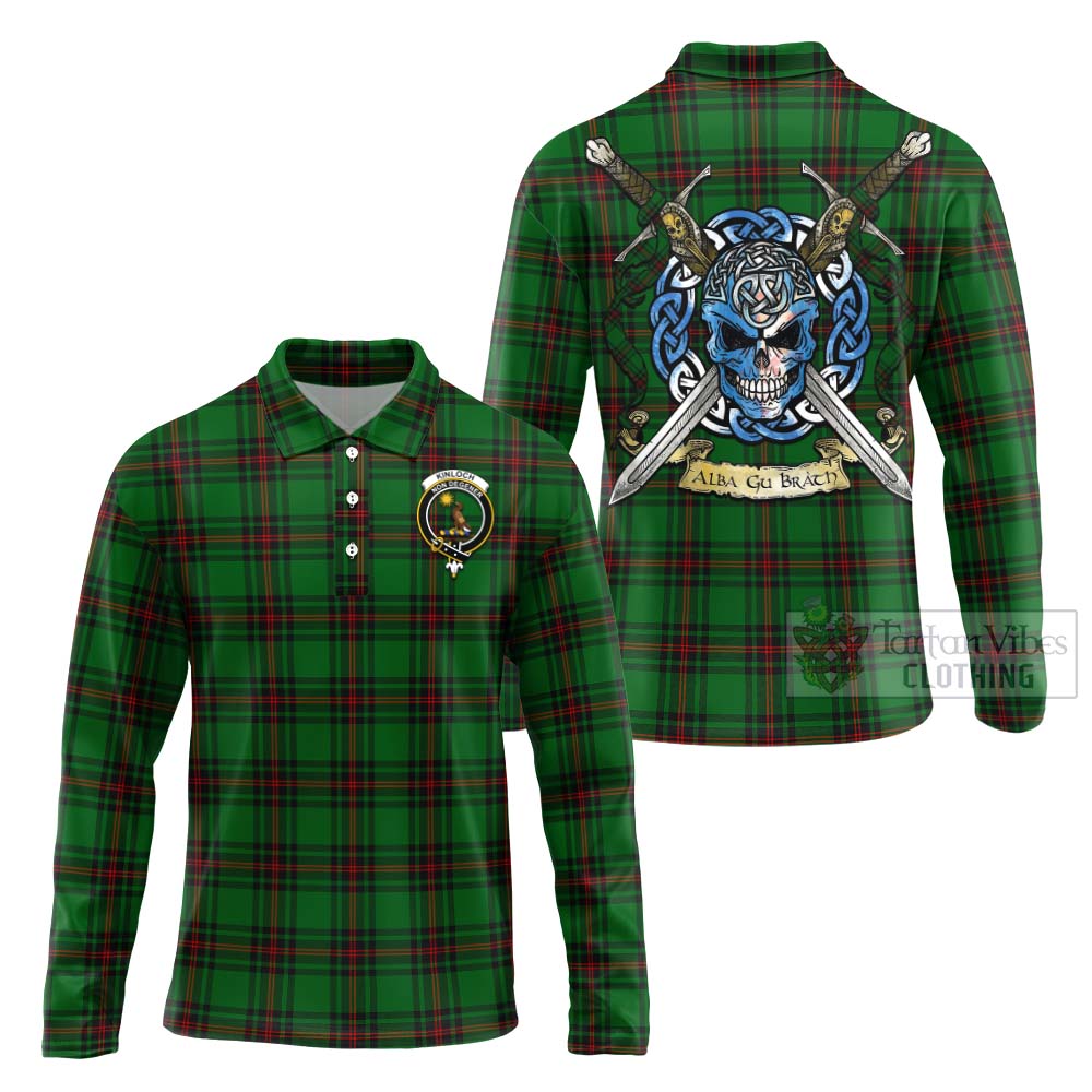 Kinloch Tartan Long Sleeve Polo Shirt with Family Crest Celtic Skull Style Unisex - Tartan Vibes Clothing