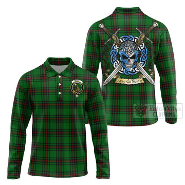 Kinloch Tartan Long Sleeve Polo Shirt with Family Crest Celtic Skull Style Unisex - Tartan Vibes Clothing