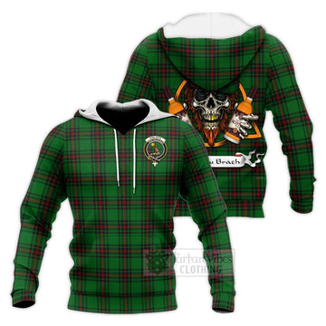 Kinloch Tartan Knitted Hoodie with Family Crest and Bearded Skull Holding Bottles of Whiskey Unisex Knitted Pullover Hoodie - Tartan Vibes Clothing