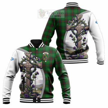 Kinloch Tartan Baseball Jacket with Family Crest and St. Andrew's Cross Accented by Thistle Vines Unisex - Tartan Vibes Clothing
