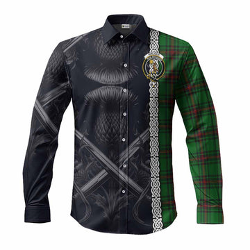 Tartan Vibes Clothing Kinloch Tartan Long Sleeve Button Shirt with Family Crest Cross Sword Thistle Celtic Vibes