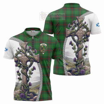 Kinloch Tartan Zipper Polo Shirt with Family Crest and St. Andrew's Cross Accented by Thistle Vines Unisex - Tartan Vibes Clothing