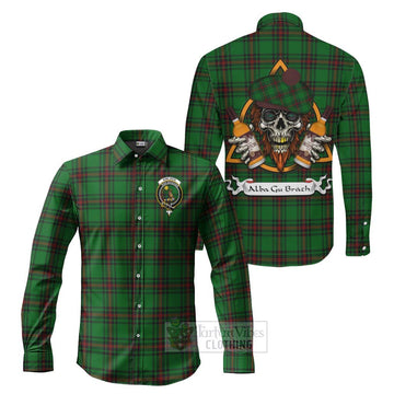 Kinloch Tartan Long Sleeve Button Shirt with Family Crest and Bearded Skull Holding Bottles of Whiskey Men's Shirt S - Tartan Vibes Clothing
