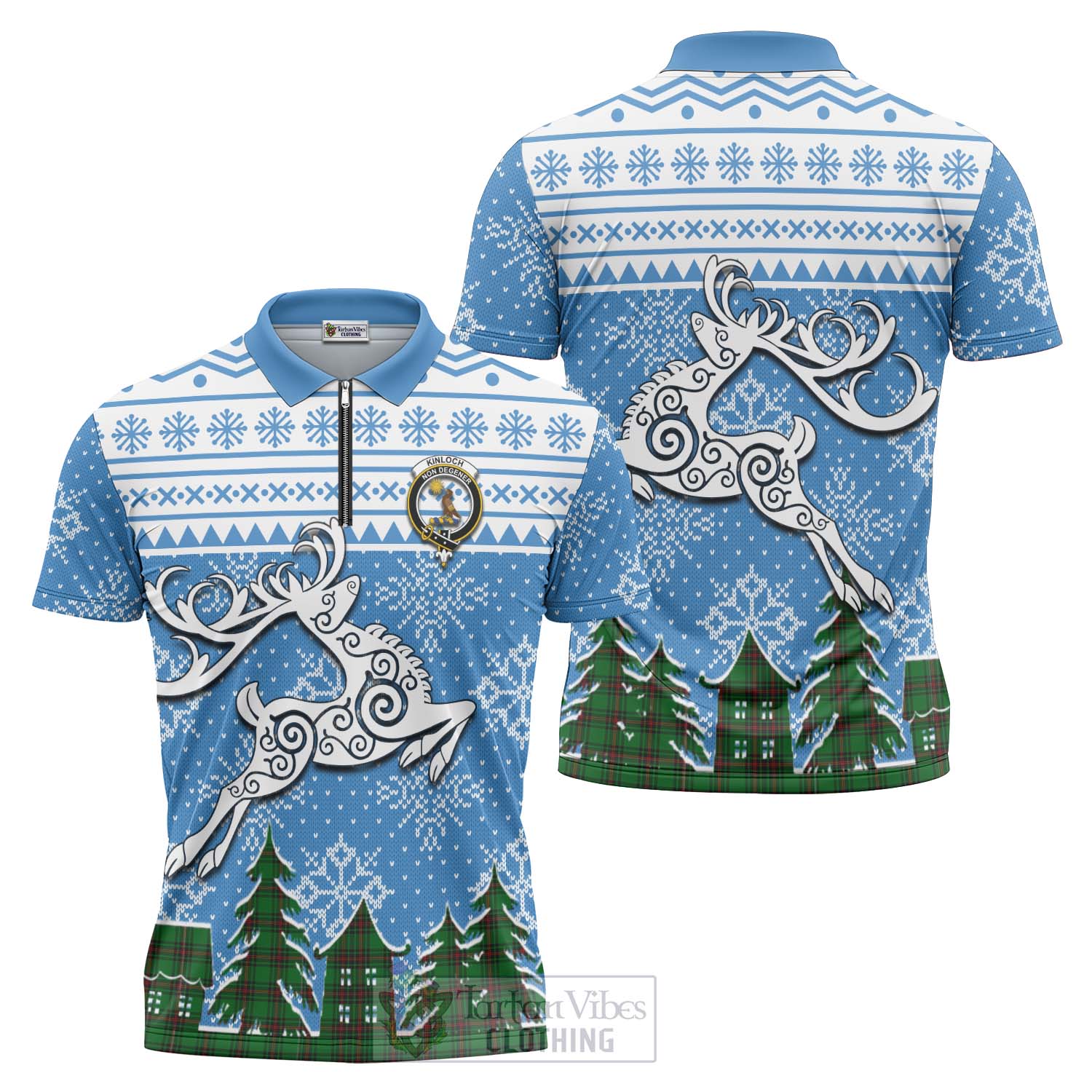 Kinloch Clan Christmas Zipper Polo Shirt Celtic Reindeer Style Unisex - Tartan Vibes Clothing