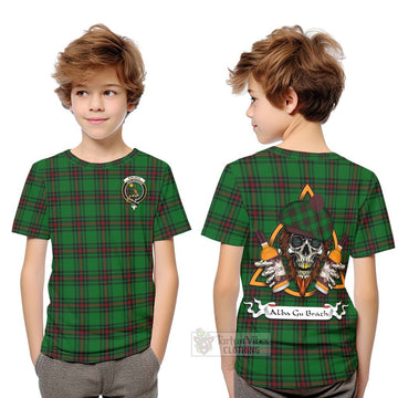 Kinloch Tartan Kid T-Shirt with Family Crest and Bearded Skull Holding Bottles of Whiskey Youth XL Size14 - Tartan Vibes Clothing