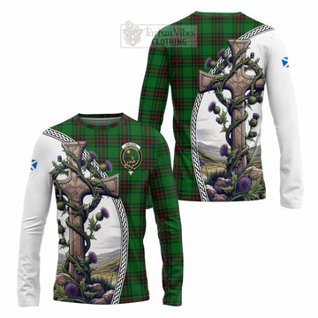 Kinloch Tartan Long Sleeve T-Shirt with Family Crest and St. Andrew's Cross Accented by Thistle Vines Unisex - Tartan Vibes Clothing