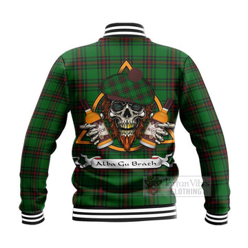 Kinloch Tartan Baseball Jacket with Family Crest and Bearded Skull Holding Bottles of Whiskey - Tartan Vibes Clothing