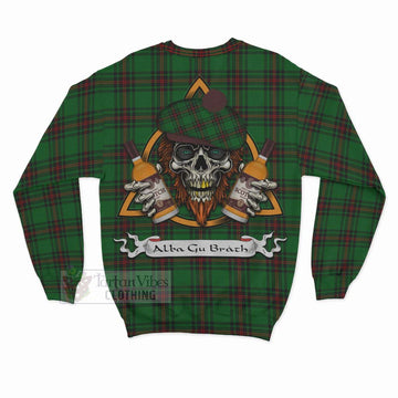 Kinloch Tartan Sweatshirt with Family Crest and Bearded Skull Holding Bottles of Whiskey - Tartan Vibes Clothing