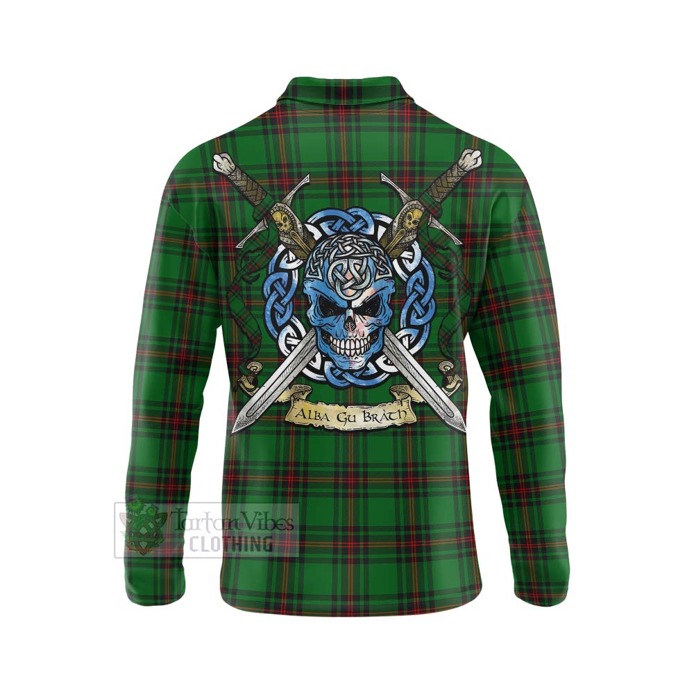 Kinloch Tartan Long Sleeve Polo Shirt with Family Crest Celtic Skull Style - Tartan Vibes Clothing