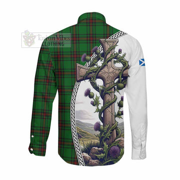 Kinloch Tartan Long Sleeve Button Shirt with Family Crest and St. Andrew's Cross Accented by Thistle Vines Men's Shirt - Tartan Vibes Clothing