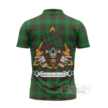 Kinloch Tartan Zipper Polo Shirt with Family Crest and Bearded Skull Holding Bottles of Whiskey - Tartan Vibes Clothing