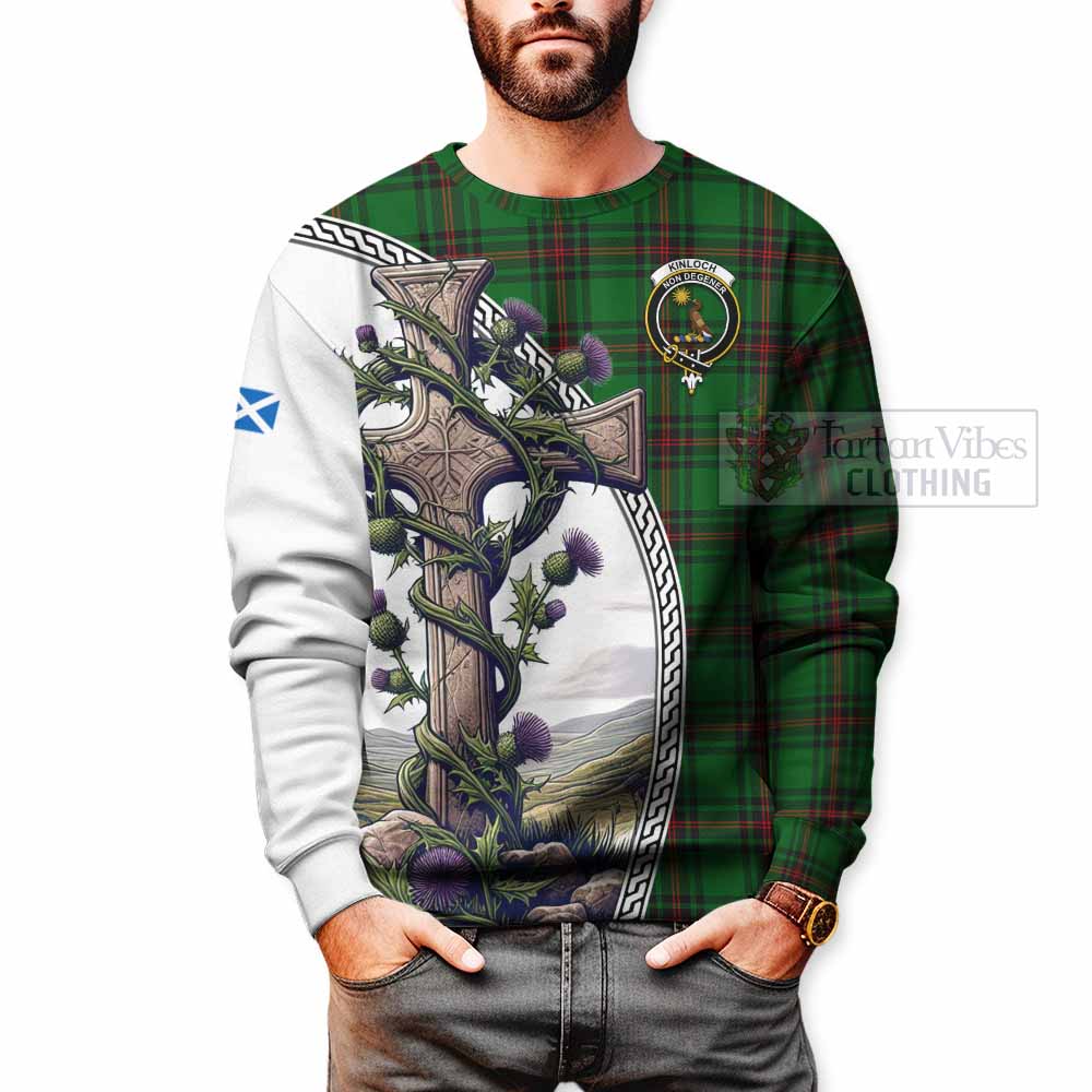 Kinloch Tartan Sweatshirt with Family Crest and St. Andrew's Cross Accented by Thistle Vines - Tartan Vibes Clothing